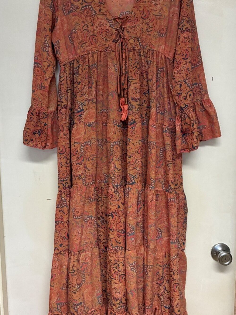 Boho Paisley Tiered Maxi Dress with Tie Front Long Sleeve XL Whimsickle